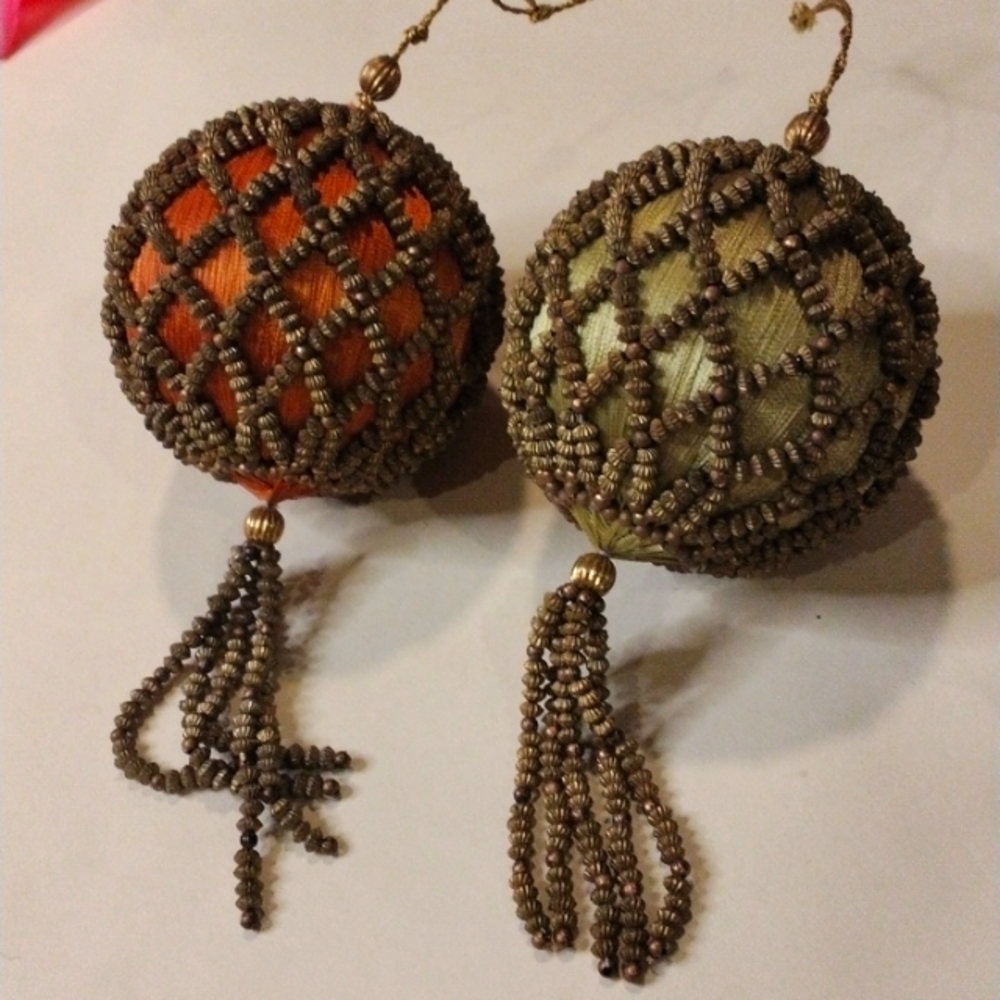 2 VINTAGE PIER 1 IMPORTS STRING BEADED BALL CHRISTMAS ORNAMENTS